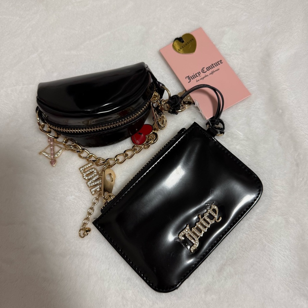 Juicy Couture Patent Coin Purse Card Holder Set Black Charm Y2K McBling NWT